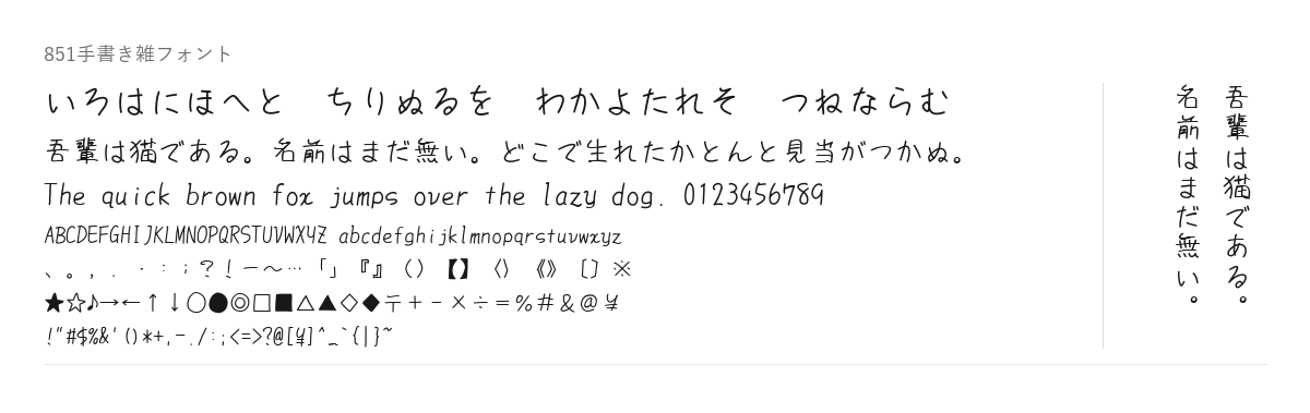 851手書き雑フォントの見本。配布物のフォントで描いたもの