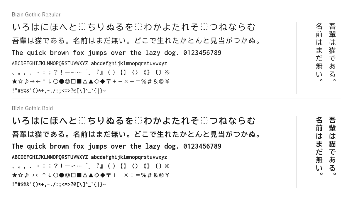 Bizin Gothicの見本。配布物のフォントで描いたもの