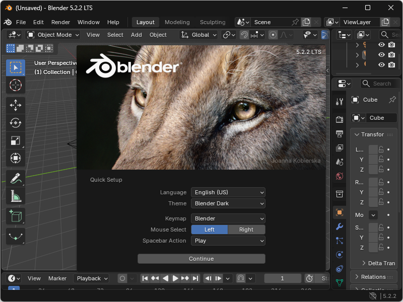 Blender 5.2.2 LTS を起動したところ。スプラッシュ画面の下に Quick Setup があり、言語 / テーマ / キーマップ / マウスの選択ボタン / スペースキーの動作を選べる