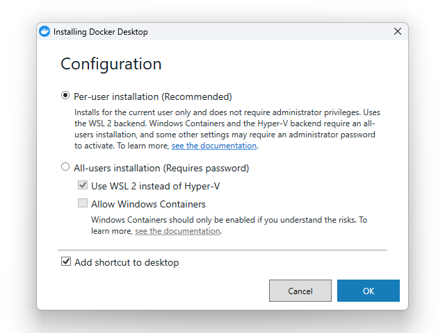 Docker Desktop のインストーラーの「Configuration」。「Per-user installation (Recommended)」が選ばれていて、管理者権限は要らず WSL 2 を使うと書かれている。もう一方は「All-users installation (Requires password)」で、その下に「Use WSL 2 instead of Hyper-V」と「Allow Windows Containers」のチェックが並ぶ