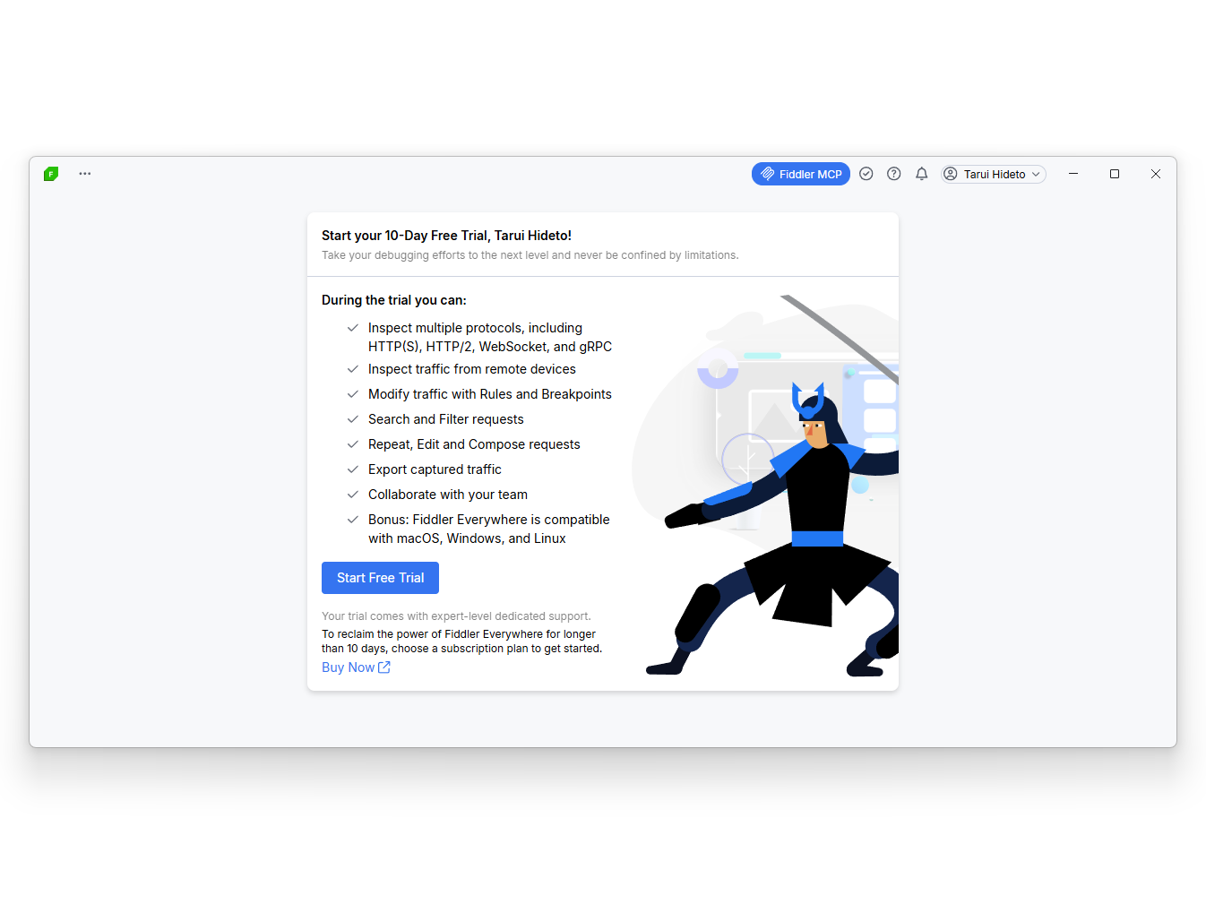 「Start your 10-Day Free Trial」の画面。試用の間にできることとして、HTTP(S) / HTTP/2 / WebSocket / gRPC の解析、別の端末の通信の取得、ルールと中断点での書き換え、検索と絞り込み、要求の作り直し、取った通信の書き出し、チームでの共有が並び、「Start Free Trial」のボタンと「Buy Now」のリンクがある