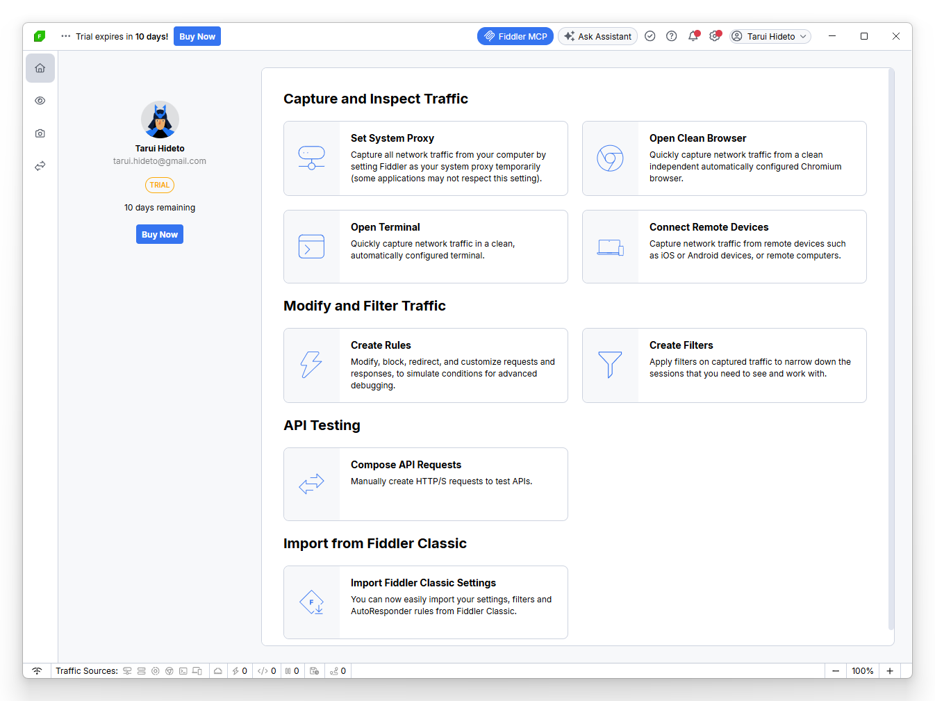 Fiddler Everywhere の画面。左上に「Trial expires in 10 days!」と Buy Now が出ていて、Set System Proxy / Open Clean Browser / Open Terminal / Connect Remote Devices / Create Rules / Create Filters / Compose API Requests / Import Fiddler Classic Settings のカードが並ぶ