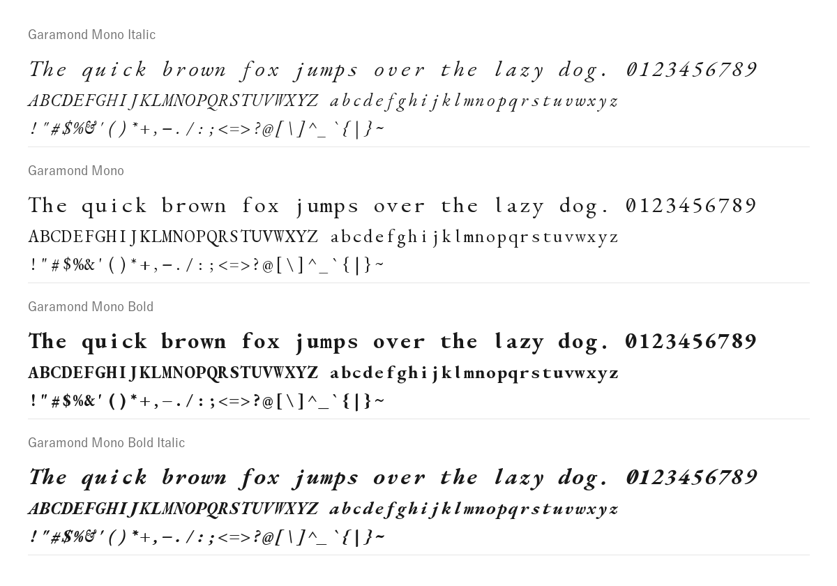 Garamond Mono の見本。配布物のフォントで描いたもの