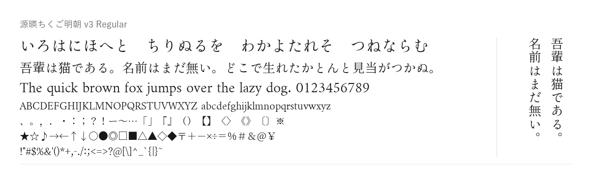 源暎ちくご明朝 v3 の見本。いろは歌、『吾輩は猫である』の冒頭、英数字、記号（和文の約物・括弧と ASCII）を横組みで、右端に縦組みで描いたもの