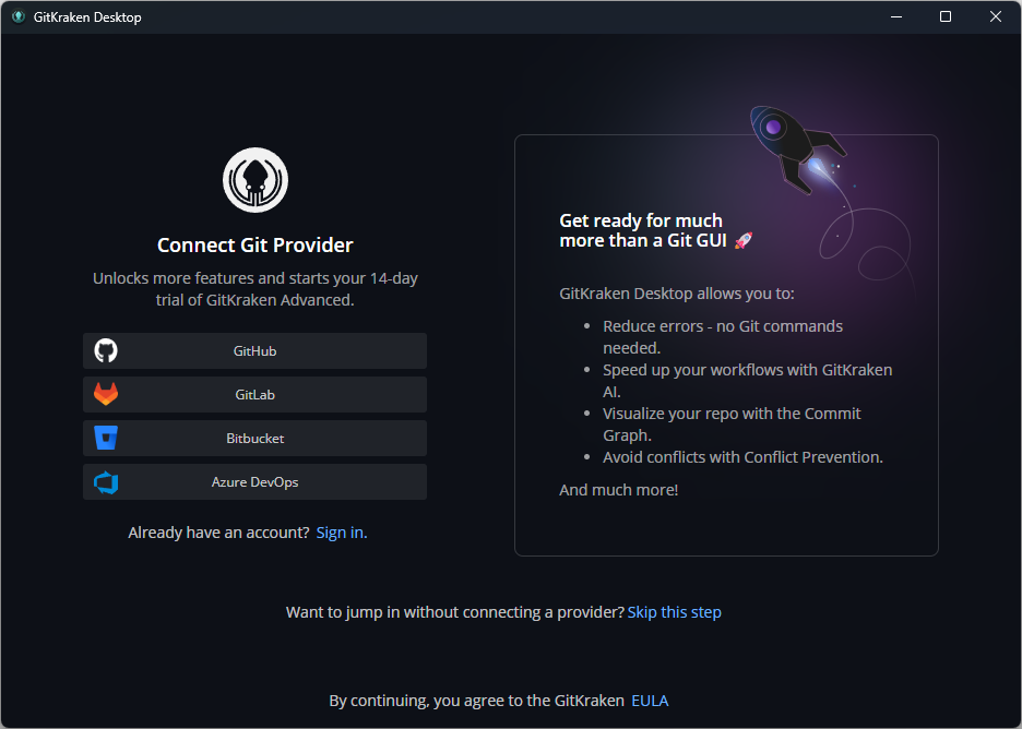 「Connect Git Provider」の画面。GitHub / GitLab / Bitbucket / Azure DevOps とつなぐと GitKraken Advanced の 14 日間の試用が始まる、とある