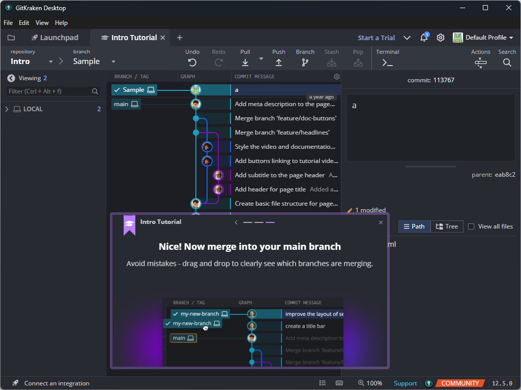 GitKraken Desktop の画面。中央にブランチとコミットのグラフ、右にコミットの詳細、下に操作を教えるチュートリアルが出ている