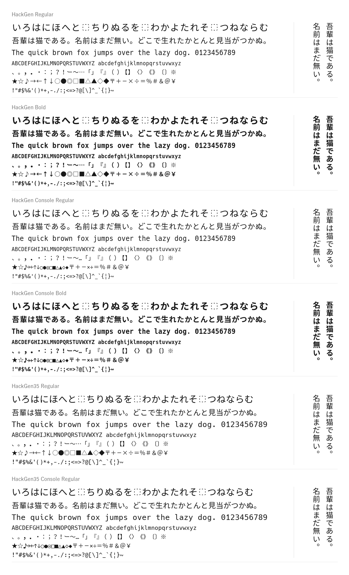 白源（HackGen）の見本。配布物のフォントで描いたもの