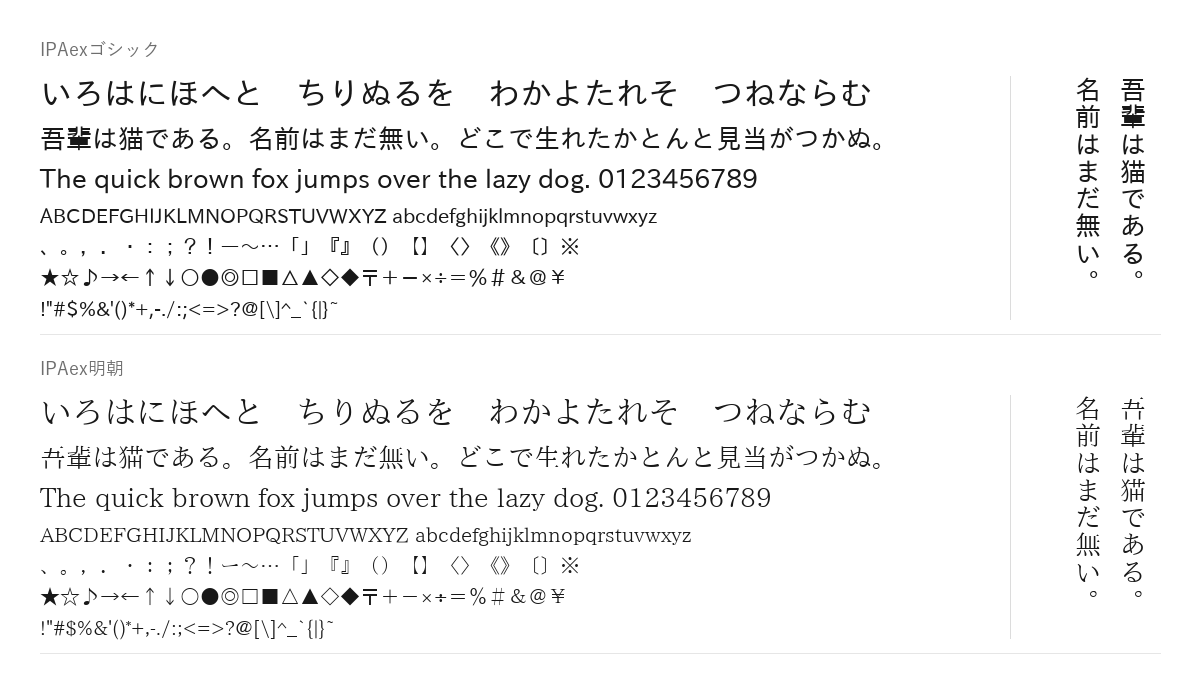 IPAexフォントの見本。配布物のフォントで描いたもの