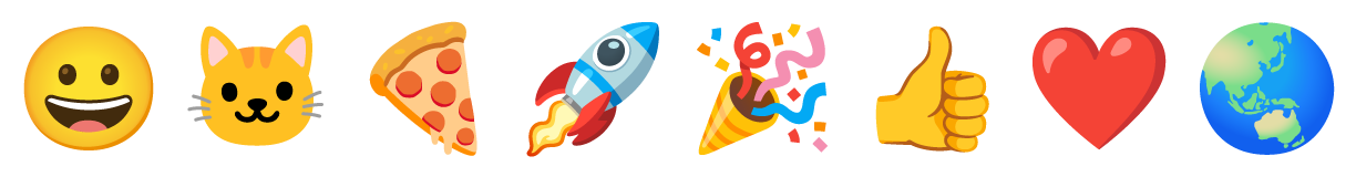 Noto Emoji の 2D（平面）の絵文字。にこにこ顔、猫の顔、ピザ、ロケット、クラッカー、親指を立てた手、赤いハート、地球（アジアとオーストラリア）が横に並ぶ