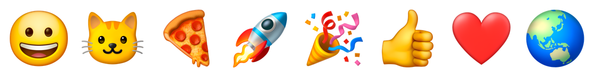 Noto Emoji の 3D（立体）の絵文字。同じ 8 つの絵文字が、影と光沢の付いた立体的な絵柄で横に並ぶ