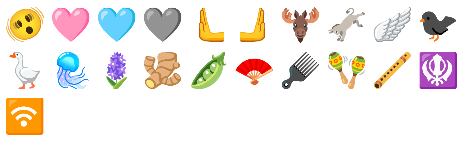 Unicode 15.0 で増えた絵文字 21 種類。ぶるぶる震える顔、ピンク / 水色 / 灰色のハート、左右に押す手、ヘラジカ、ロバ、翼、黒い鳥、ガチョウ、クラゲ、ヒヤシンス、しょうが、さやえんどう、扇子、ヘアピック、マラカス、フルート、カンダ、無線のマークが並ぶ