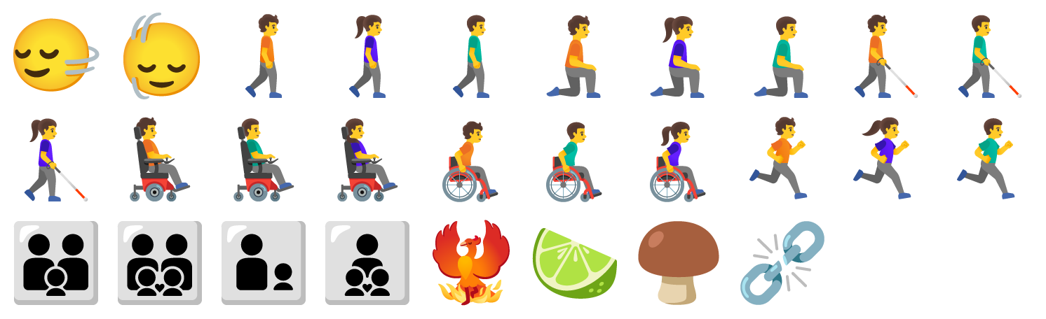 Unicode 15.1 で増えた絵文字 28 種類。首を横に振る顔と縦に振る顔、右を向いて歩く人やひざまずく人、白杖の人、車椅子の人、走る人が男女ぶん並び、家族の組み合わせ、不死鳥、ライム、茶色いきのこ、切れた鎖が並ぶ