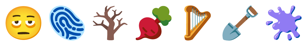 Unicode 16.0 で増えた絵文字 7 種類。目の下にくまのある顔、指紋、葉の落ちた木、根菜、ハープ、シャベル、飛び散った跡が並ぶ