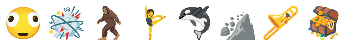 Unicode 17.0 で増えた絵文字 8 種類。ゆがんだ顔、けんかを表す雲、毛むくじゃらの生き物、バレエダンサー、シャチ、土砂崩れ、トロンボーン、宝箱が並ぶ
