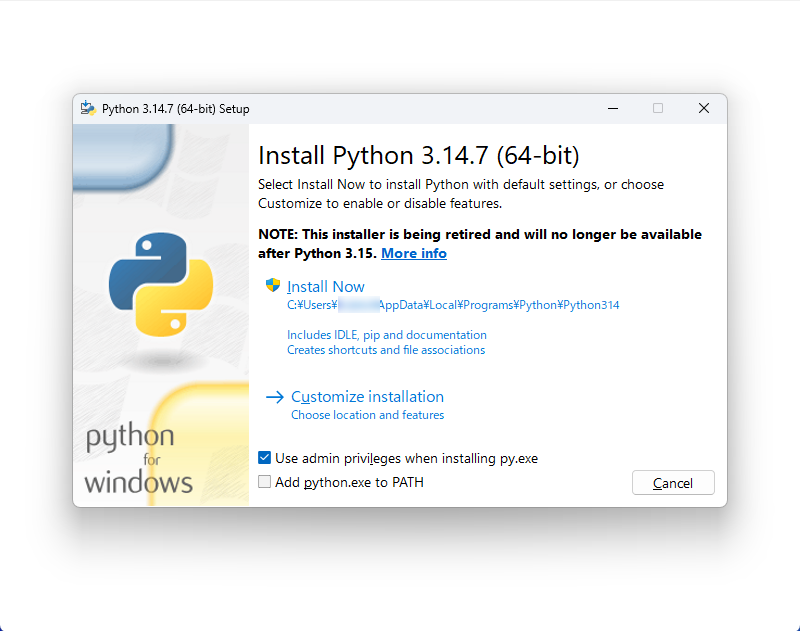 Python 3.14.7（64-bit）のインストーラー。「NOTE: This installer is being retired and will no longer be available after Python 3.15.」と表示されている