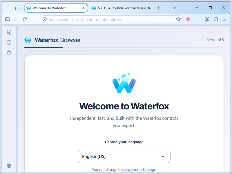 Waterfox を初めて起動したところ。「Welcome to Waterfox」と表示され、5 段階の初期設定の 1 つ目で表示言語を選ぶ画面になっている