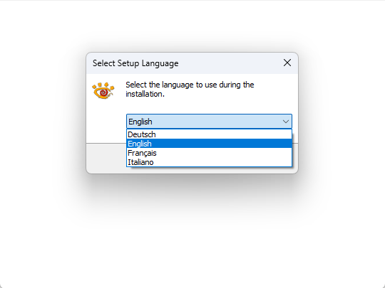 XnView Classic のインストーラーの「Select Setup Language」。Deutsch / English / Français / Italiano の 4 つが並び、日本語は無い