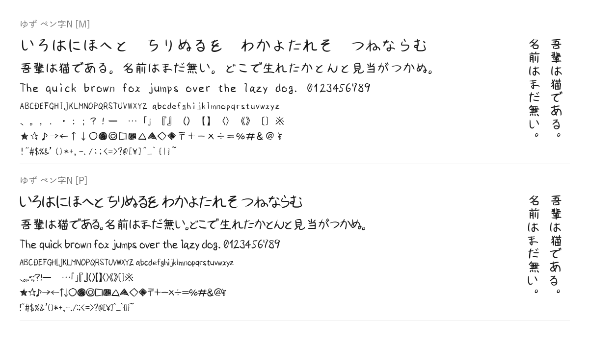 ゆず ペン字 N の見本。配布物のフォントで描いたもの