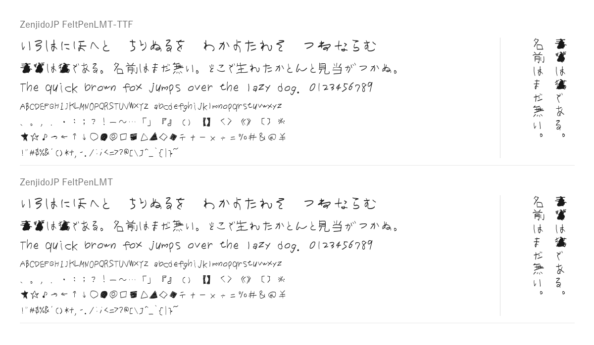全児童フォントの見本。配布物のフォントで描いたもの